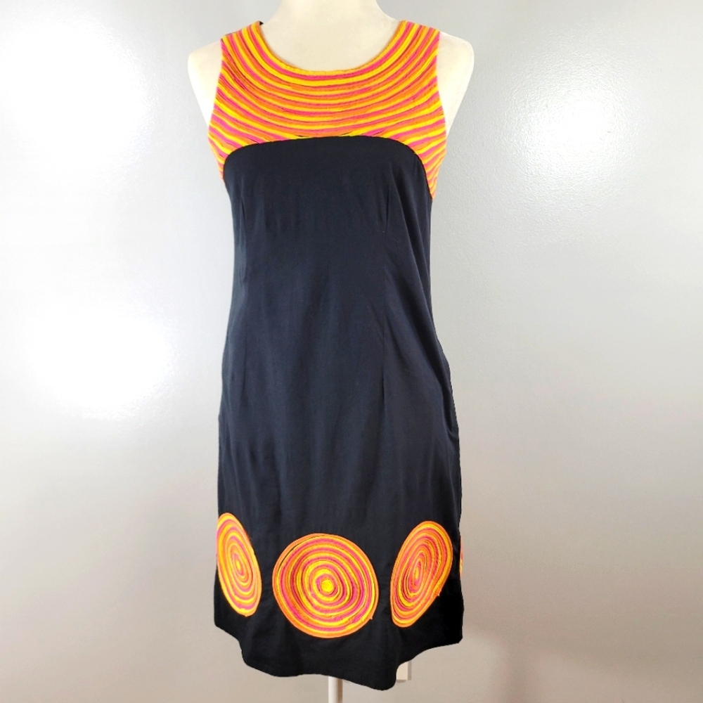 Vintage NIZA black cotton geometric shape sleeveless sheath dress